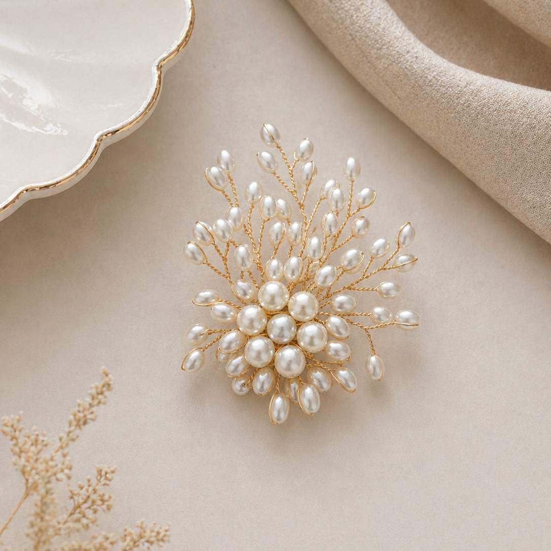 Brož s perličkami ZLATÝ KVĚT5